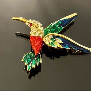 Vintage Enamel with Rhinestones Hummingbird Brooch